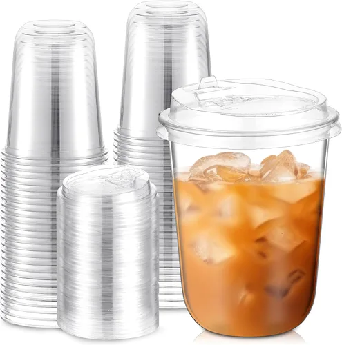 Miniatura 10 de Baderke Juego de 50 vasos de plástico negros con tapas, tazas de café helado con tapas, vasos de plástico desechables para bebidas frías, tapa