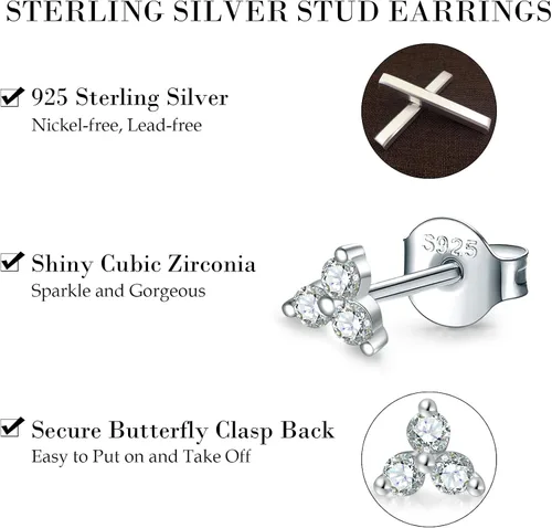 Miniatura 7 de Juego de aretes de plata de ley para mujeres y niñas, 3 pares hipoalergénicos chapados en oro blanco pequeño con circonita cúbica