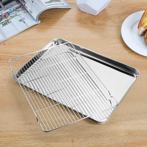 Miniatura 5 de Yododo - Juego de bandeja para hornear con estante de refrigeración (2 sartenes + 2 estanterías), bandeja para hornear galletas de acero inoxidable