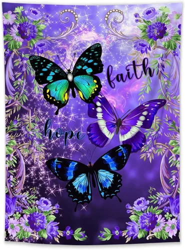 Miniatura 8 de LB Tapiz pequeño de mariposa colorido para colgar en la pared, diseño psicodélico de flores silvestres 3D, mariposas de fantasía floral, arte