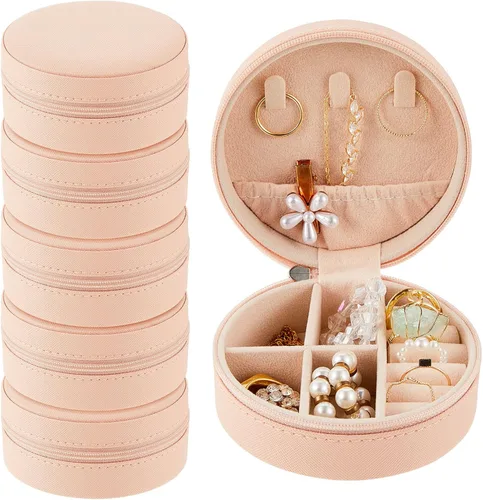 Caja de joyería de viaje de 6 piezas, cajas de regalo de dama de honor, organizador de viaje, pequeño joyero, redondo, mini almacenamiento, piel