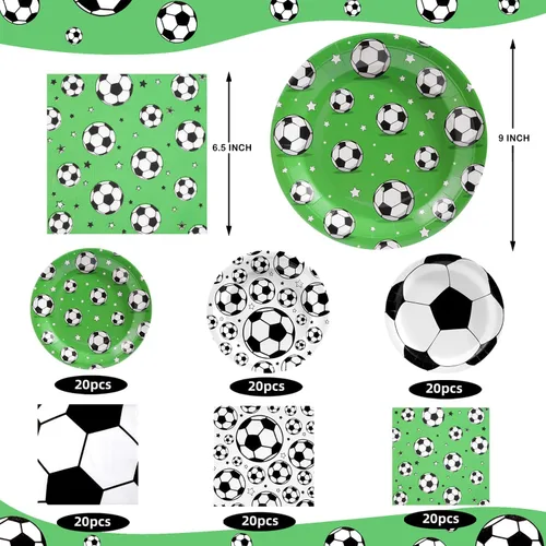 Miniatura 2 de 120 piezas de decoración de fiesta de fútbol, suministros de fiesta de cumpleaños de fútbol, juego de vajilla desechable con estampado de fútbol