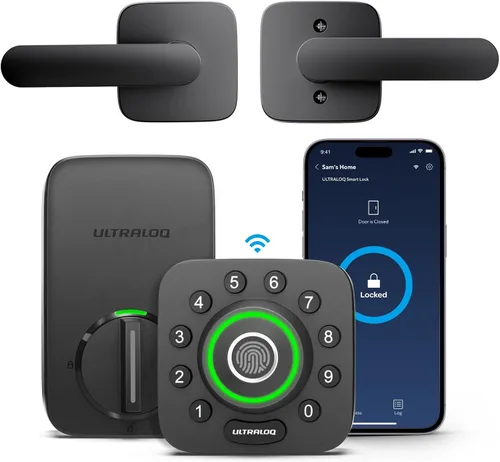 ULTRALOQ U-Bolt Pro WiFi - Cerradura inteligente con manija, juego de cerradura de puerta sin llave con huella digital y palanca, cerradura