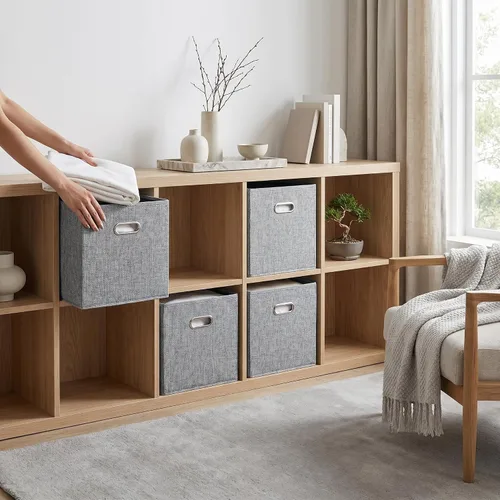 Miniatura 14 de Cubos de almacenamiento de tela gris de 12 x 12 pulgadas, paquete de 4 cubos organizadores plegables con aspecto de lino con asas, cestas plegables