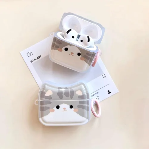 Miniatura 3 de Funda para auriculares de gato gris sonriente para AirPods 1/2, bonita y encantadora cara de gato feliz, funda de silicona TPU suave, funda