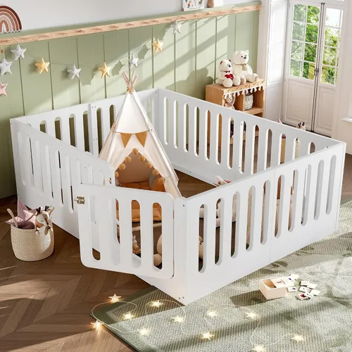 Miniatura 13 de Base de cama individual para niños, cama Montessori de metal con rieles y puerta, marco de cama de tamaño individual con barandillas