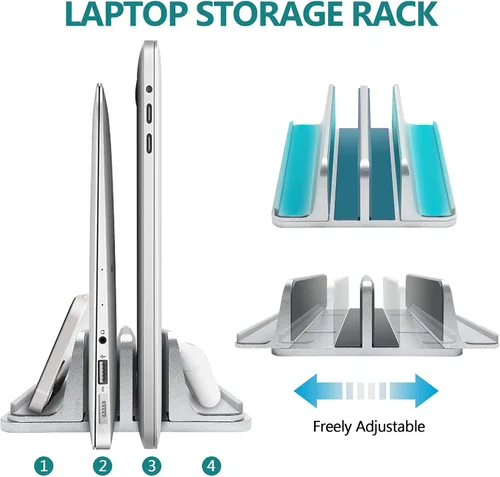 Miniatura 2 de Soporte vertical para computadora portátil para escritorio de metal resistente, 4 ranuras ajustables 4 en 1 vertical MacBook Stand Rack Pro Soporte