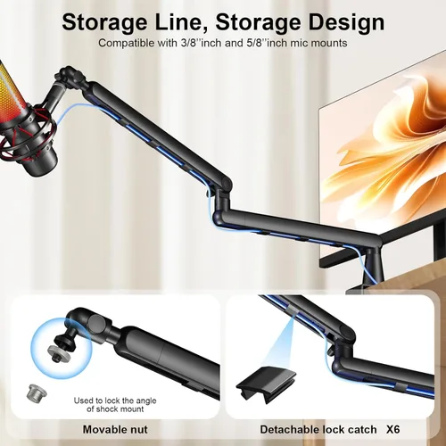 Miniatura 7 de Brazo de Micrófono, Aokeo AK-55 - Soporte de Brazo de Micrófono de Escritorio de Bajo Perfil Ajustable, Adecuado para Blue Yeti, Snowball iCE