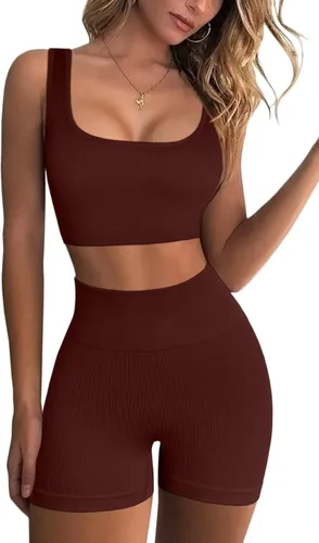 FAFOFA - Conjuntos de entrenamiento para mujer 2 piezas sin costuras camiseta acanalada sin mangas pantalones cortos de cintura alta atuendo para