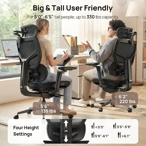 Miniatura 7 de Silla de oficina ergonómica con soporte lumbar, más de 10 horas sentado, cómodo, sillas de escritorio de malla grandes y altas, reposacabezas 4D