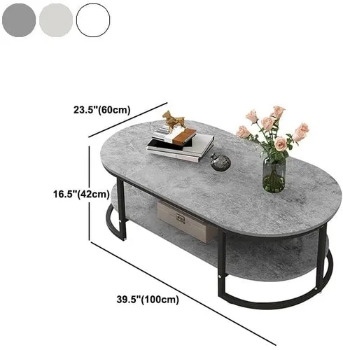 Miniatura 2 de Mesa auxiliar, moderna y ovalada, mesa de centro minimalista de madera para sala de estar, almacenamiento gris oscuro incluido, 39.5 pulgadas