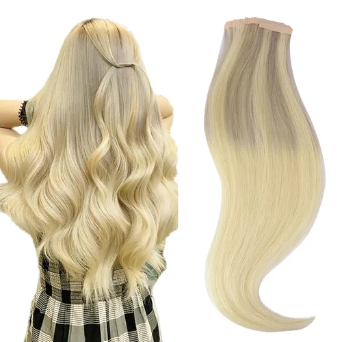HOTBANANA Extensiones de cabello con cinta, 10 pulgadas, 10 unidades, 0.71 onzas de rubio ceniza degradado a rubio dorado y rubio platino,