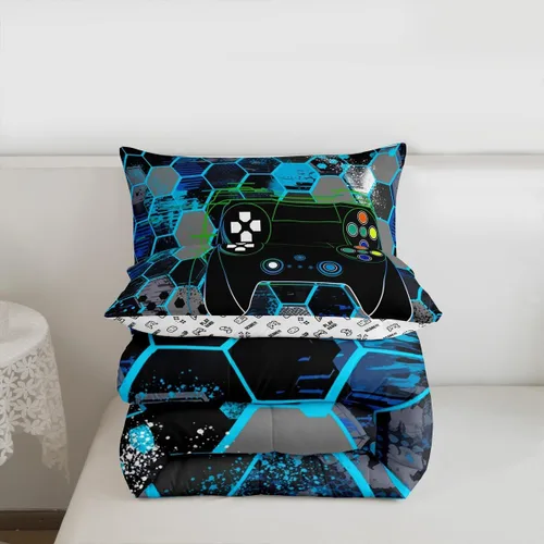 Miniatura 6 de Manfei Juego de edredón moderno de 2 piezas con estampado de consola de videojuegos de panal azul con 1 funda de almohada, juego de ropa de cama