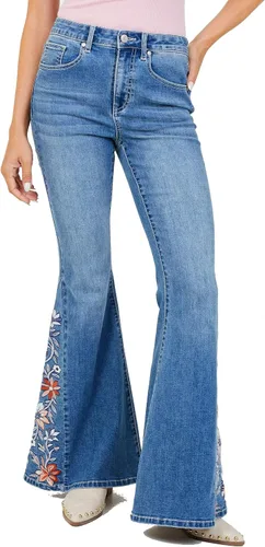 Miniatura 2 de ALTAR'D STATE Jeans de talle alto para mujer, mezclilla rasgada con cierre de botón, azul y negro