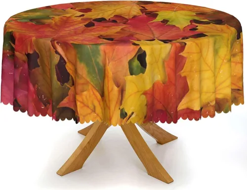 Miniatura 2 de Manteles redondos con temática de hojas de otoño, 48 pulgadas, tela impermeable, decorativo, reutilizable, lavable, a prueba de derrames, resistente