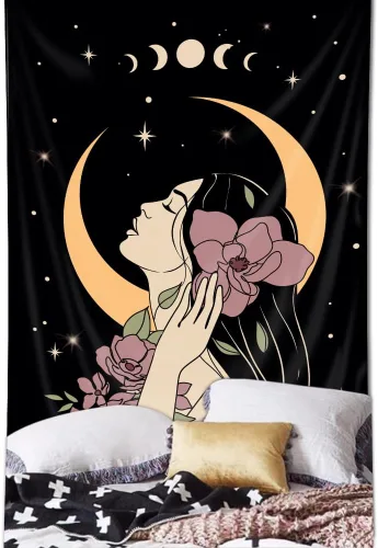 Miniatura 6 de Riyidecor Tapiz vertical de mujer misteriosa de fase lunar, bohemio, pequeño, gótico, para colgar en la pared, plantas florales, hojas estrelladas