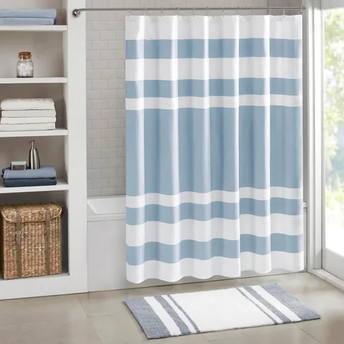 Miniatura 44 de Madison Park Cortina de ducha de tejido waffle con diseño a rayas en piezas, cortina de ducha de tela para baño con gestión de humedad 3M Rayas Taupe