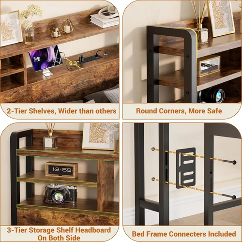 Miniatura 5 de Aheaplus Cabecero para Cama Tamaño Queen con Almacenamiento, Cabeceros con Luz LED, Tomas de Corriente, Puertos USB Cabecero Tamaño Queen, Cabecero