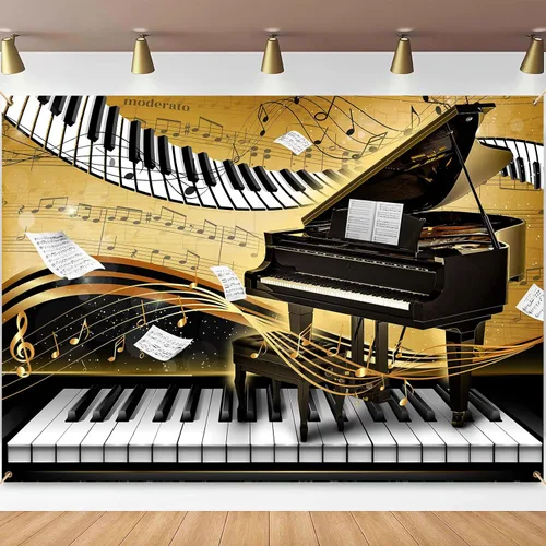 Telón de fondo con tema de piano de 7 x 5 pies, notas musicales doradas, fondo de foto, tema musical, decoración de fiesta de cumpleaños, pancarta,
