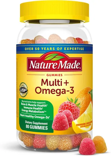 Nature Made Multivitamínico + Omega-3, gomitas multivitamínicas para mujeres y hombres, apoyo nutricional diario, 80 vitaminas y minerales en