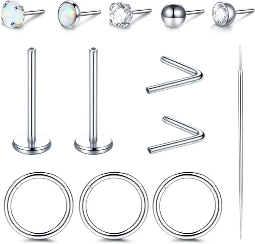 Xpircn Anillo de labio de acero inoxidable con circonita cúbica, 20G, 18G, 16G, sin rosca, piercing para labio, nariz, hélix, tragus, cartílago,