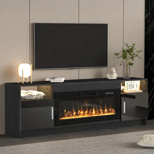 Miniatura 13 de Kucreiheat Soporte de TV negro con chimenea, luces LED, centro de entretenimiento para TV de hasta 80 pulgadas, consola de TV moderna para sala