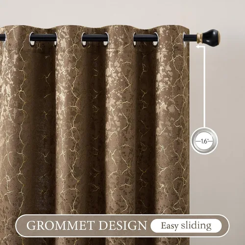 Miniatura 3 de Cortinas marrones y doradas de 63 pulgadas de largo, 2 paneles de cortinas geométricas para oscurecer la habitación, cortinas con ojales, estampado