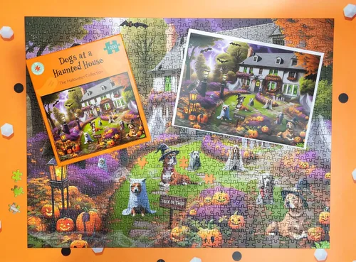 Miniatura 4 de Rompecabezas espeluznante de 1000 piezas de perros en una casa encantada de Halloween