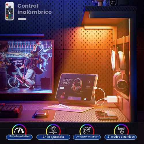 Miniatura 6 de Grandder - Escritorio de juegos de 40 pulgadas con toma de corriente y luz LED, escritorio para computadora con estantes reversibles y cajón