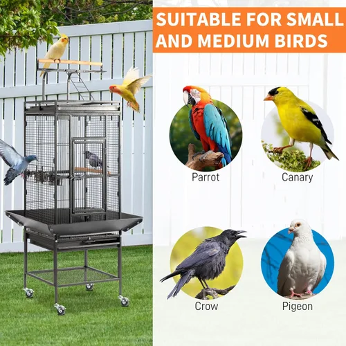 Miniatura 6 de VINGLI Jaula para pájaros con ruedas, jaulas para pájaros de 62 pulgadas con parte superior de juego, jaula de hierro forjado con soporte rodante
