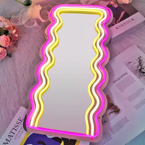 Miniatura 7 de jXIN Letreros de neón de espejo ondulado para decoración de pared, espejos decorativos irregulares montados en la pared con luces de neón regulables