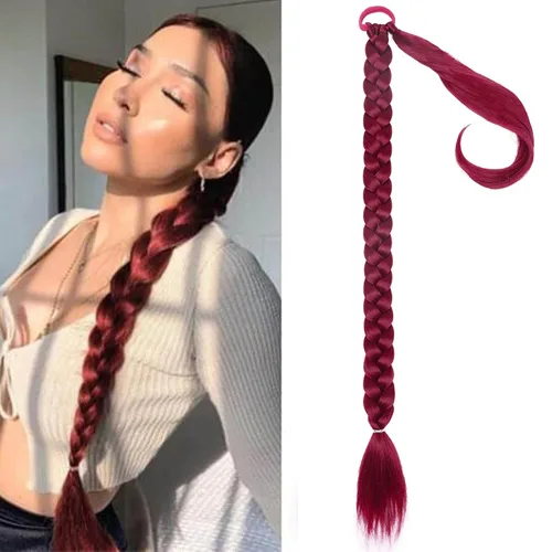 Miniatura 25 de Extensiones de cola de caballo trenzada de 20 pulgadas de largo para mujer, extensiones de cabello lacio envolvente con banda para el cabello, cola