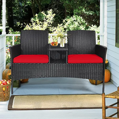 Miniatura 2 de LDAILY Juego de conversación para patio, sofá biplaza de ratán moderno, juego de muebles para exteriores con cojines y mesa extraíbles, juego de Rojo