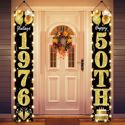 Cartel de fiesta de cumpleaños número 50, decoraciones iluminadas para hombres y mujeres, carteles vintage de 50 cumpleaños con luz LED, suministros