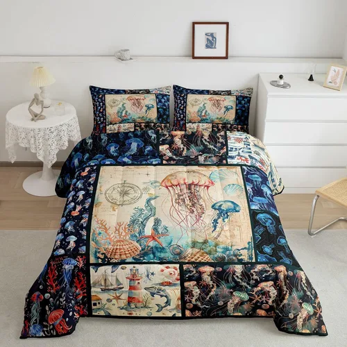 Miniatura 22 de Juego de edredón de ballena individual, juegos de ropa de cama retro con temática náutica para decoración de dormitorio, edredón de plumón de vida