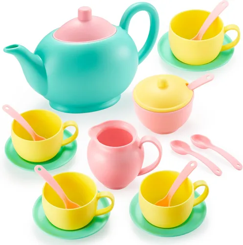 Miniatura 10 de JOYIN Juego de 18 piezas de fiesta de té de simulación, juego de té de plástico, mini cocina para niños, regalos para niños y niñas de 3, 4, 5, 6
