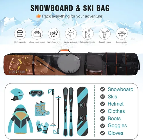 Miniatura 2 de FIXITOK Bolsa de snowboard y esquí para viajes aéreos, bolsa de snowboard acolchada completa impermeable que se ajusta a tabla, botas, ropa, casco