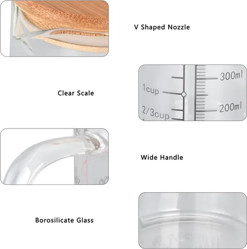 Miniatura 3 de Vaso medidor de vidrio, con boquilla en forma de V, con mango aislante, tazas medidoras de líquidos con tapa, para el hogar, uso en restaurantes