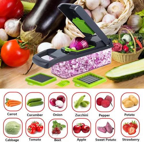 Miniatura 5 de Cortador de verduras, multifuncional 13 en 1 rebanador de alimentos para cocina. Cortador de verduras con 8 cuchillas y recipiente para ensalada