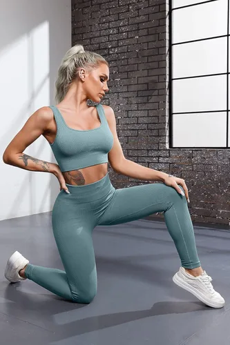 Miniatura 5 de QINSEN FAFOFA - Conjunto de 2 piezas de entrenamiento, para mujer, brasier deportivo sin costuras, cintura alta, leggings de yoga.