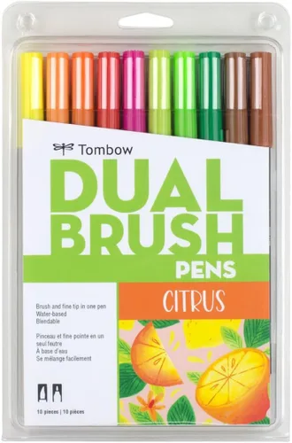 Tombow 56196 Marcadores artísticos de doble pincel, cítricos, paquete de 10. Marcadores mezclables, con pincel y punta fina