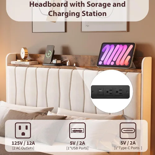 Miniatura 5 de GarveeHome Marco de Cama Flotante Full con Luces LED y Estación de Carga USB – Cama Plataforma Moderna Tapizada con Cabecero, Soporte de Listones