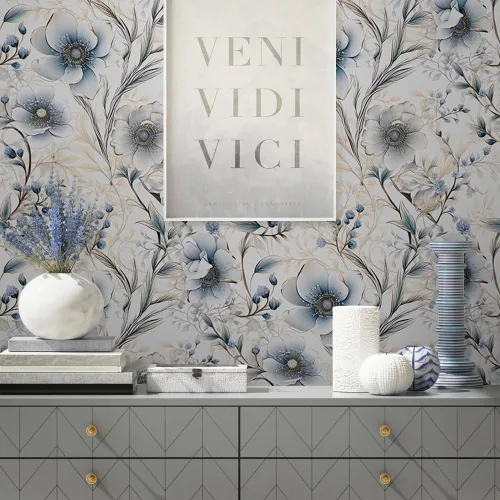 Miniatura 4 de Papel Pintado Floral Plateado Gris/Azul/Blanco Flores de Amapola de Despegar y Pegar Papel de Contacto Fácil de Despegar Papel Adhesivo para Pegar