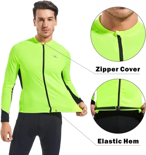 Miniatura 3 de qualidyne Camiseta de ciclismo para hombre, manga larga, cremallera completa, con 3 bolsillos traseros, tops de ciclismo