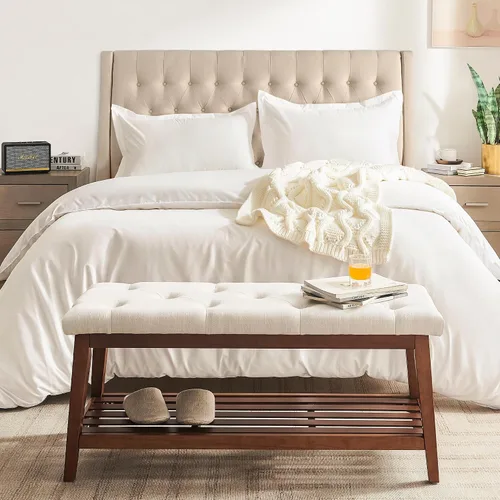 Miniatura 3 de kinmars Banco Tapizado para Dormitorio al Pie de la Cama, Banco de Entrada de 42.5 Pulgadas para Sala de Estar, Banco de Comedor con Asiento Beige