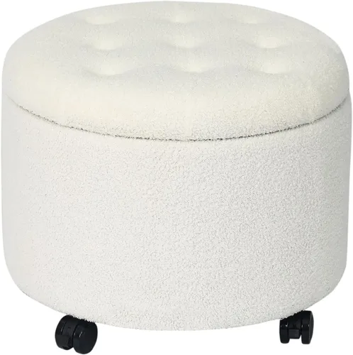 Miniatura 19 de Adeco Otomana redonda de almacenamiento, taburete tapizado para maquillaje, taburete de terciopelo para dormitorio, dormitorio