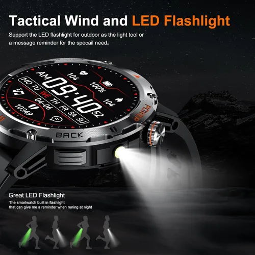 Miniatura 2 de Reloj inteligente militar para hombre, (responder/hacer llamadas), reloj inteligente de fitness con linterna compatible con Android y iPhone, Negro