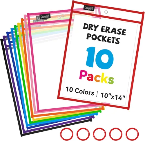 Gamenote - Paquete de 10 fundas de borrado en seco con 5 anillas, 10 colores surtidos, fundas de plástico reutilizables de gran tamaño de 10x14,