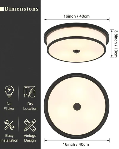 Miniatura 4 de Lámpara de techo empotrada de 16 pulgadas, 3 lámparas cerca del techo con acabado negro para sala de estar, dormitorio, cocina, comedor (negro)