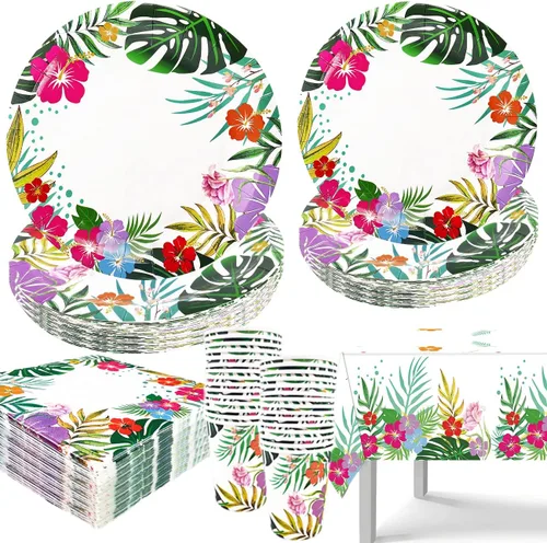 121 piezas de decoraciones hawaianas de Luau para fiesta, suministros de vajilla Aloha Tropical para fiesta, incluyendo platos, servilletas, tazas y
